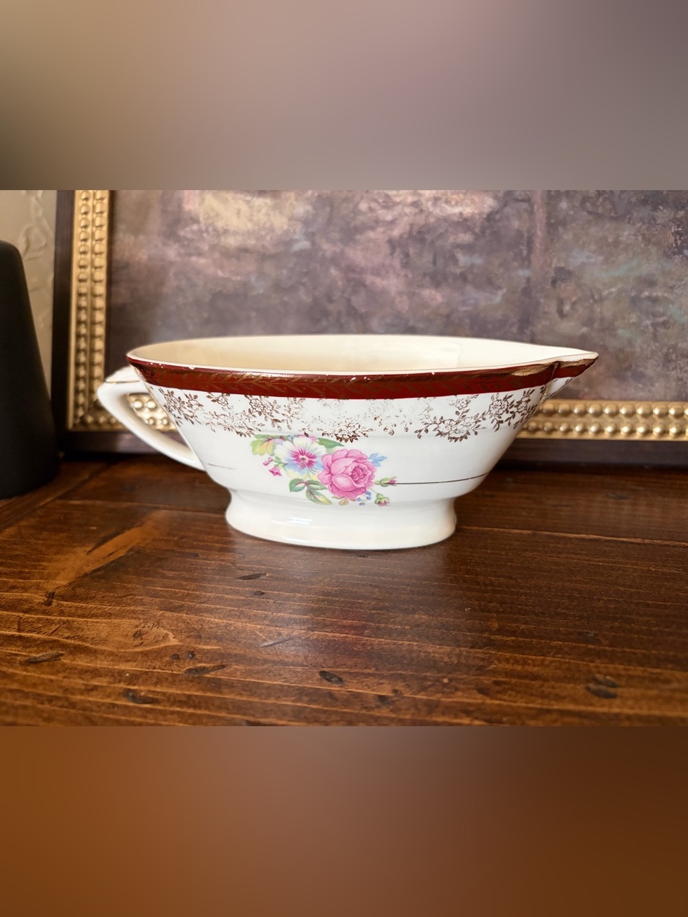 Vintage Stetson Porcelain Footed Bowl with Floral Gold Decal and Border